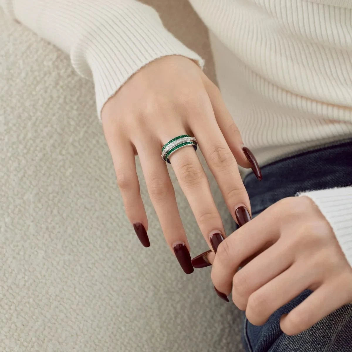 Dylam S925 Sterling Silver Cubic Zirconia Ruby Pink Emerald Ring Rotating Stress Relief Anxiety Spinner Rings Jewelry Women Men