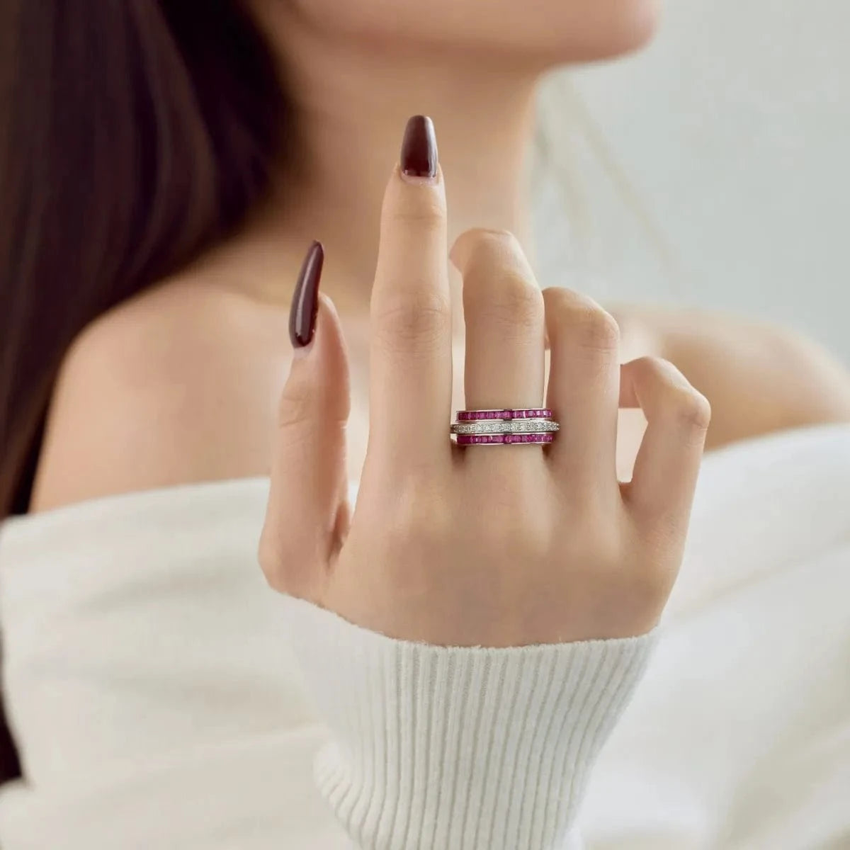 Dylam S925 Sterling Silver Cubic Zirconia Ruby Pink Emerald Ring Rotating Stress Relief Anxiety Spinner Rings Jewelry Women Men