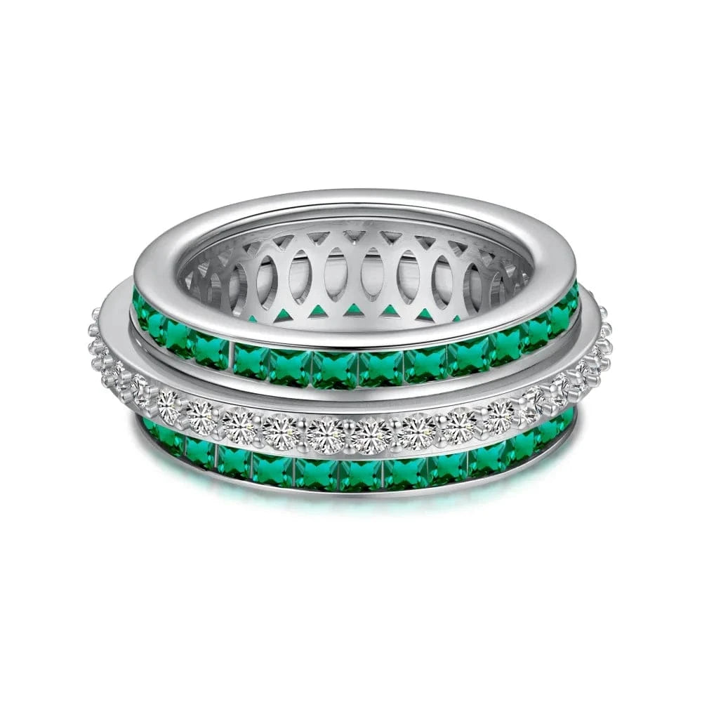 Dylam S925 Sterling Silver Cubic Zirconia Ruby Pink Emerald Ring Rotating Stress Relief Anxiety Spinner Rings Jewelry Women Men