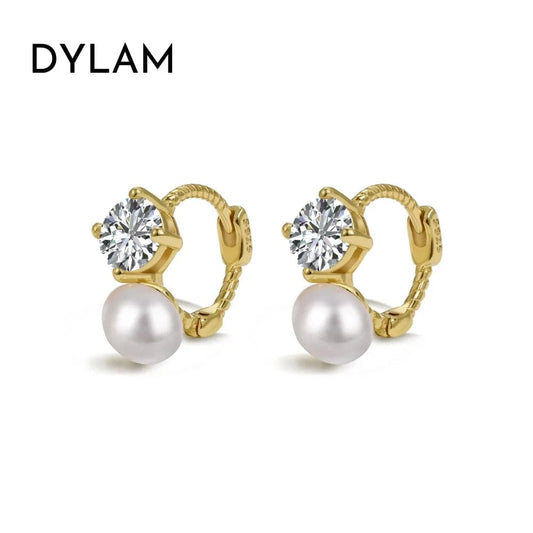 Dylam Simple Design Cz Cubic Zirconia Jewelry 925 Sterling Silver Huggie Earring 18K Gold Plated Pearl Hoops Earrings Women