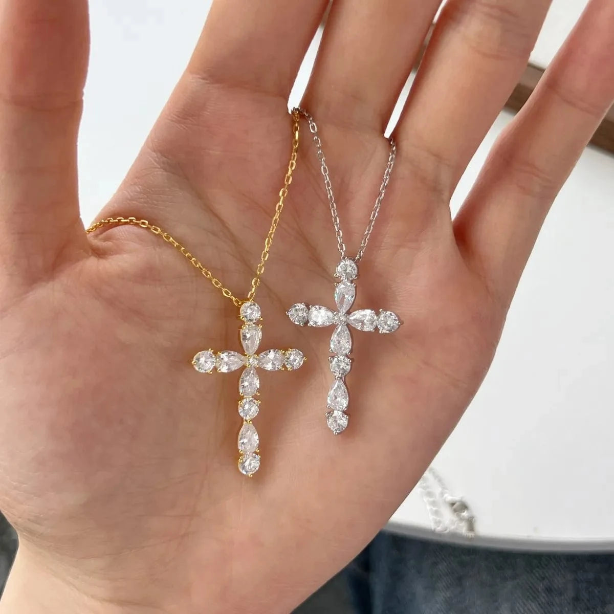 Dylam Simply Designed 18K Gold Plated Cross Pendant Cz Necklace 925 Sterling Silver Jewelry For Women Men Unisex Cross Necklaces