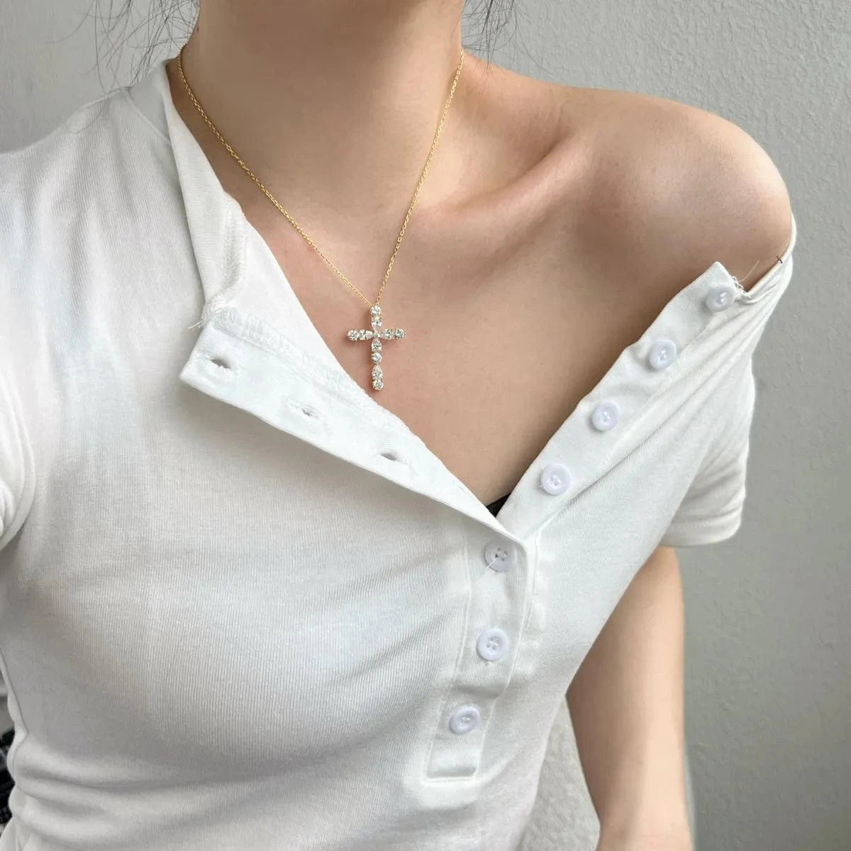 Dylam Simply Designed 18K Gold Plated Cross Pendant Cz Necklace 925 Sterling Silver Jewelry For Women Men Unisex Cross Necklaces