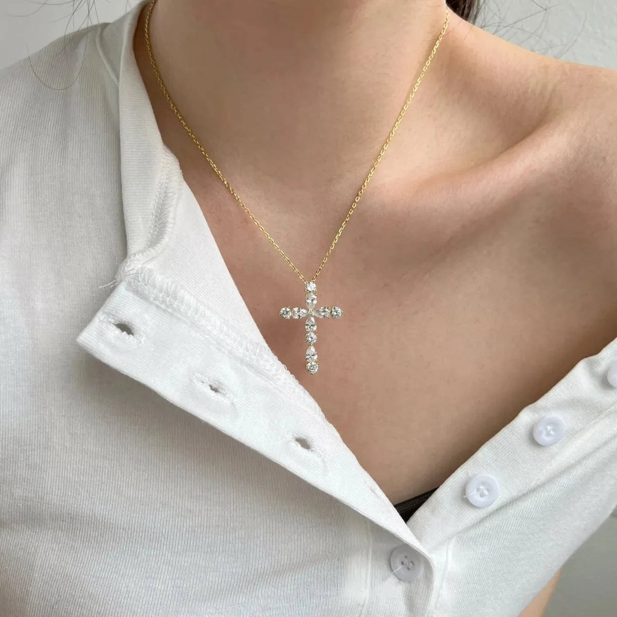 Dylam Simply Designed 18K Gold Plated Cross Pendant Cz Necklace 925 Sterling Silver Jewelry For Women Men Unisex Cross Necklaces