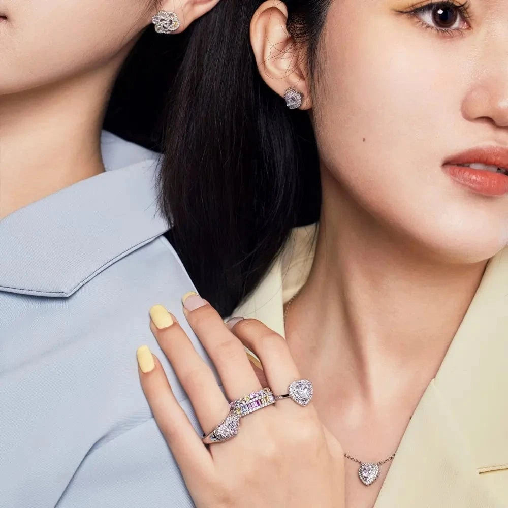 Dylam Sparkling Heart Shape S925 Sterling Silver Ring Band Rainbow Colorful Pink Diamond Cz Cubic Zirconia Rings Jewelry Women