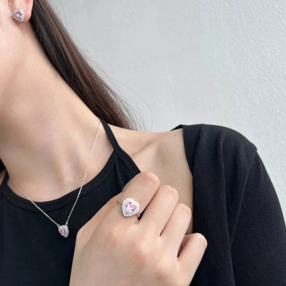 Dylam Sparkling Heart Shape S925 Sterling Silver Ring Band Rainbow Colorful Pink Diamond Cz Cubic Zirconia Rings Jewelry Women