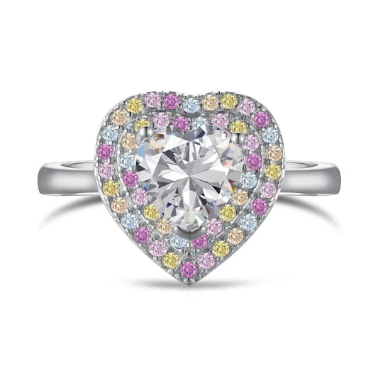 Dylam Sparkling Heart Shape S925 Sterling Silver Ring Band Rainbow Colorful Pink Diamond Cz Cubic Zirconia Rings Jewelry Women