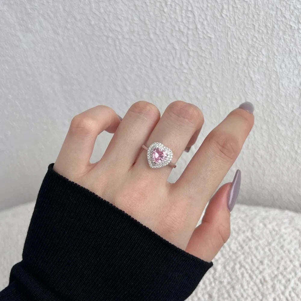 Dylam Sparkling Heart Shape S925 Sterling Silver Ring Band Rainbow Colorful Pink Diamond Cz Cubic Zirconia Rings Jewelry Women