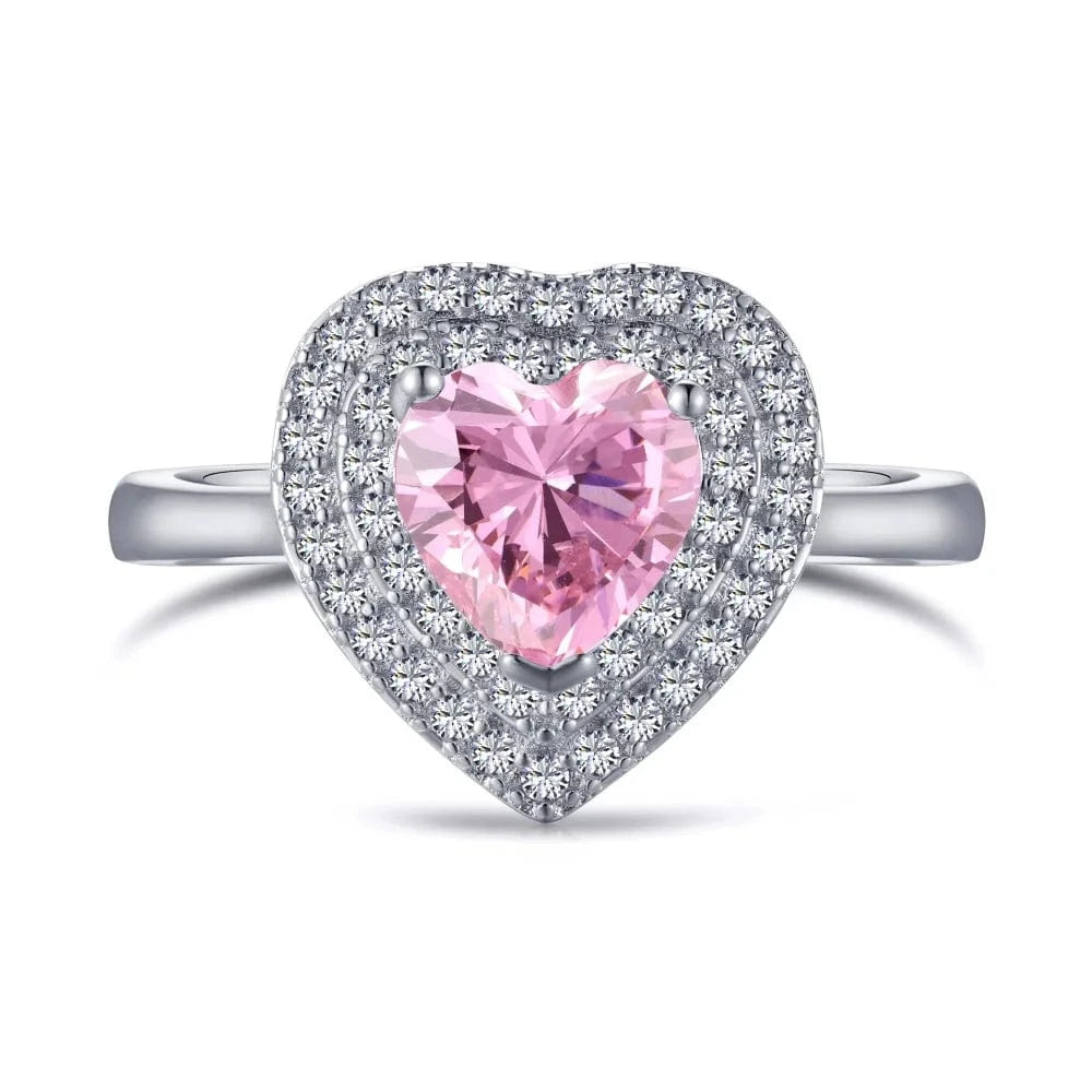 Dylam Sparkling Heart Shape S925 Sterling Silver Ring Band Rainbow Colorful Pink Diamond Cz Cubic Zirconia Rings Jewelry Women