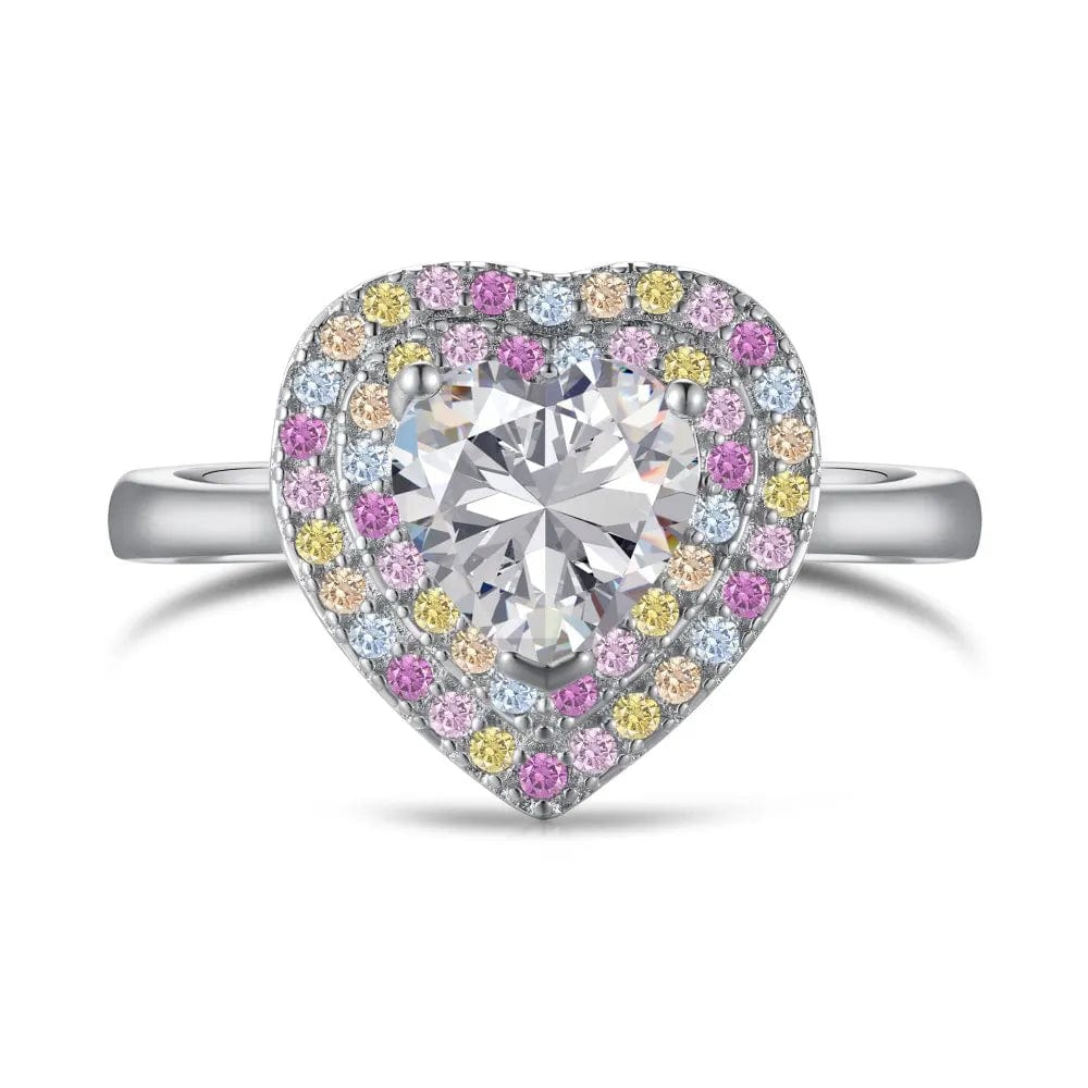 Dylam Sparkling Heart Shape S925 Sterling Silver Ring Band Rainbow Colorful Pink Diamond Cz Cubic Zirconia Rings Jewelry Women
