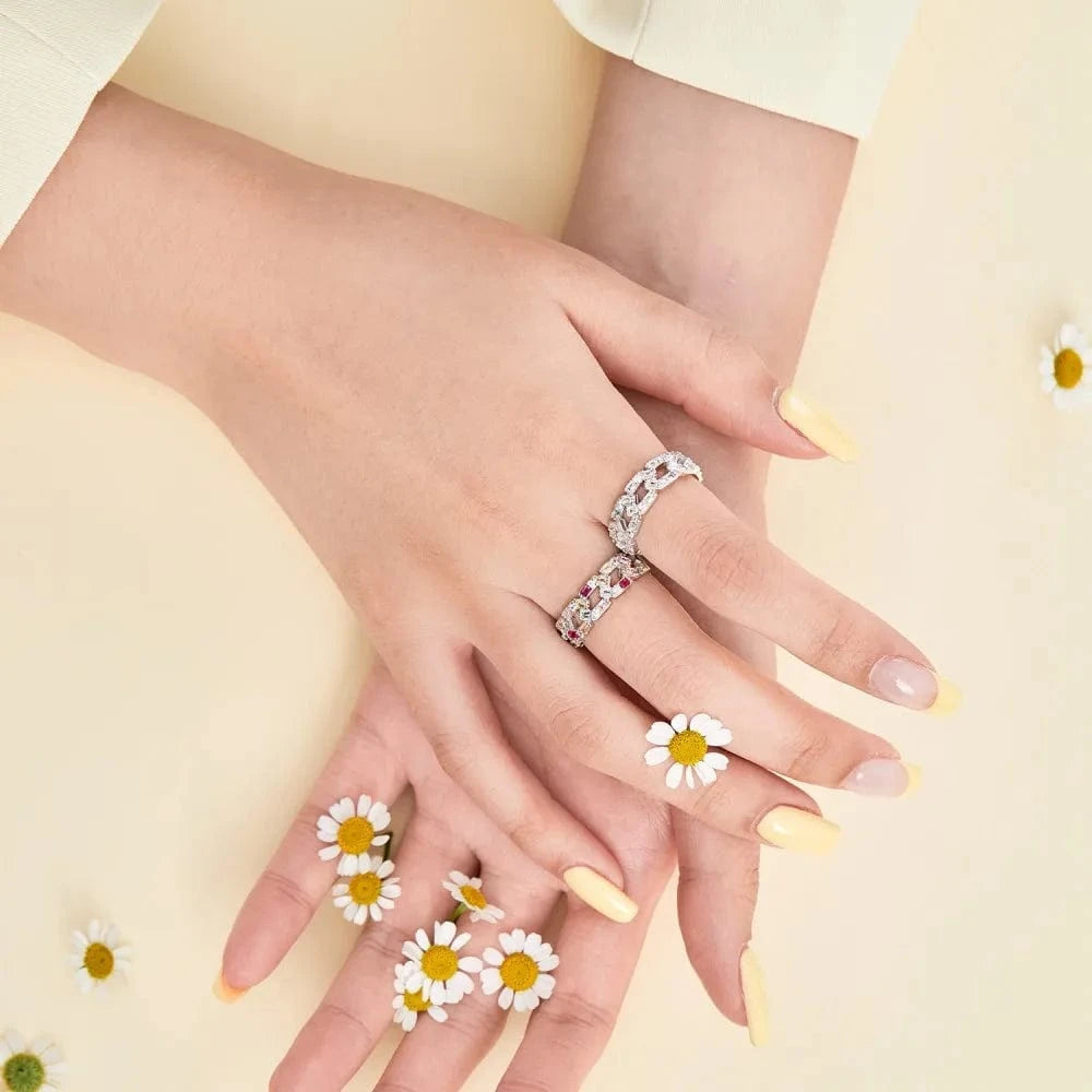 Dylam Stylish Colorful Design S925 Silver Rhodium Plated 5A Cubic Zirconia Hallow Geometric Interlock Women Daily Wear Rings