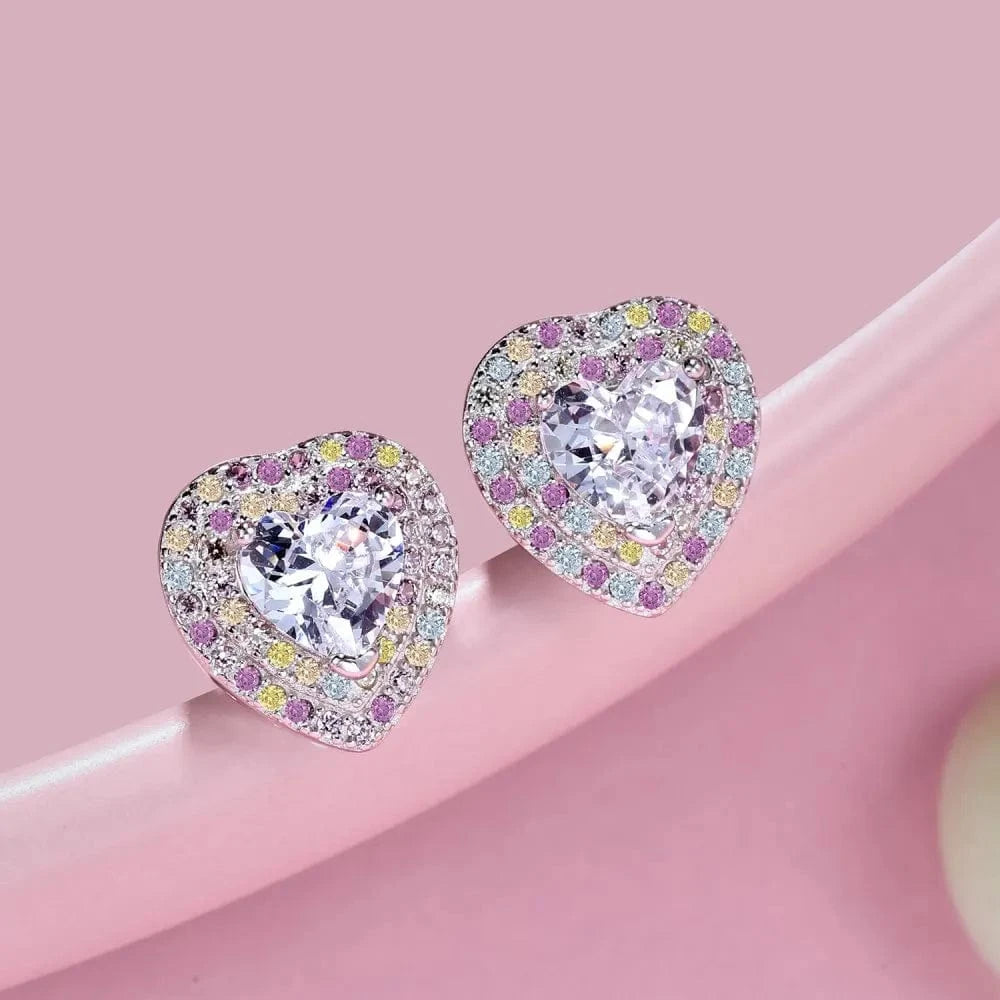 Dylam Stylish Colorful Fine Jewelry Women Daily Wear Sterling Silver Rhodium Plated Eternity Zirconia Heart Shape Stud Earrings