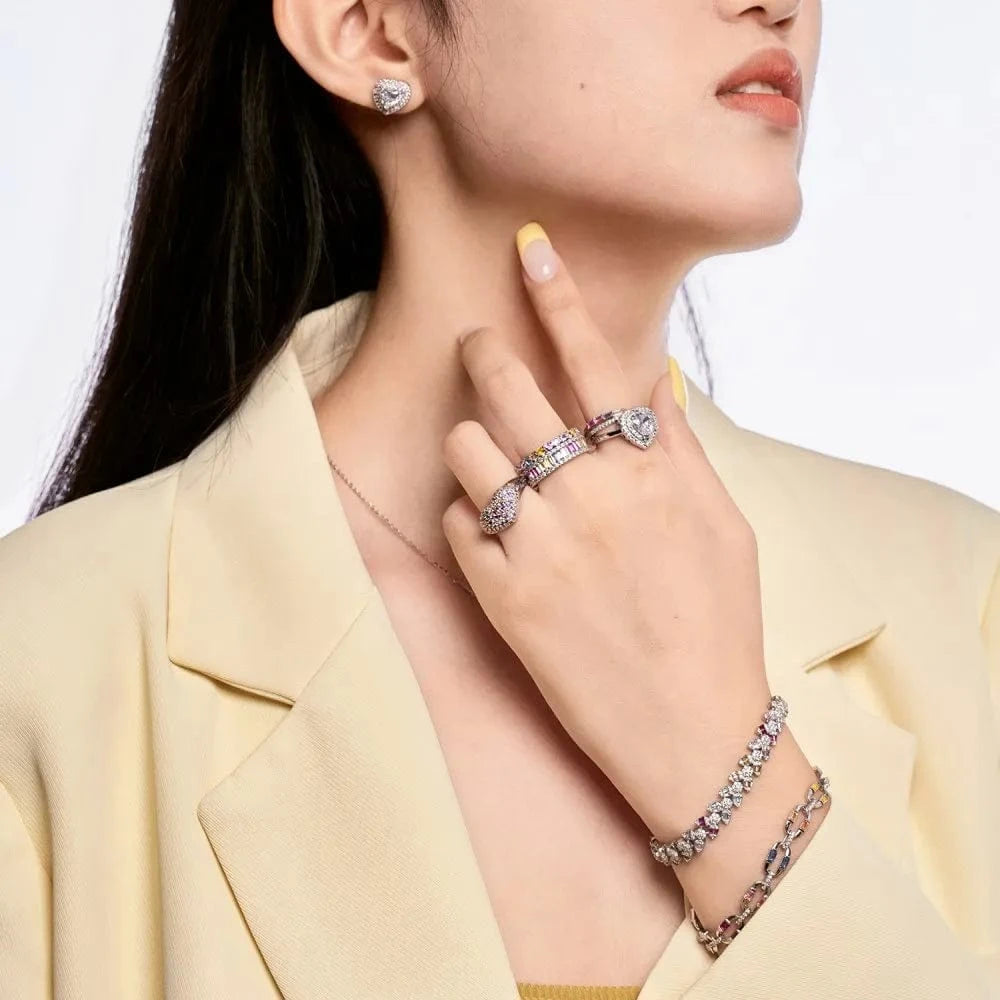 Dylam Stylish Colorful Fine Jewelry Women Daily Wear Sterling Silver Rhodium Plated Eternity Zirconia Heart Shape Stud Earrings