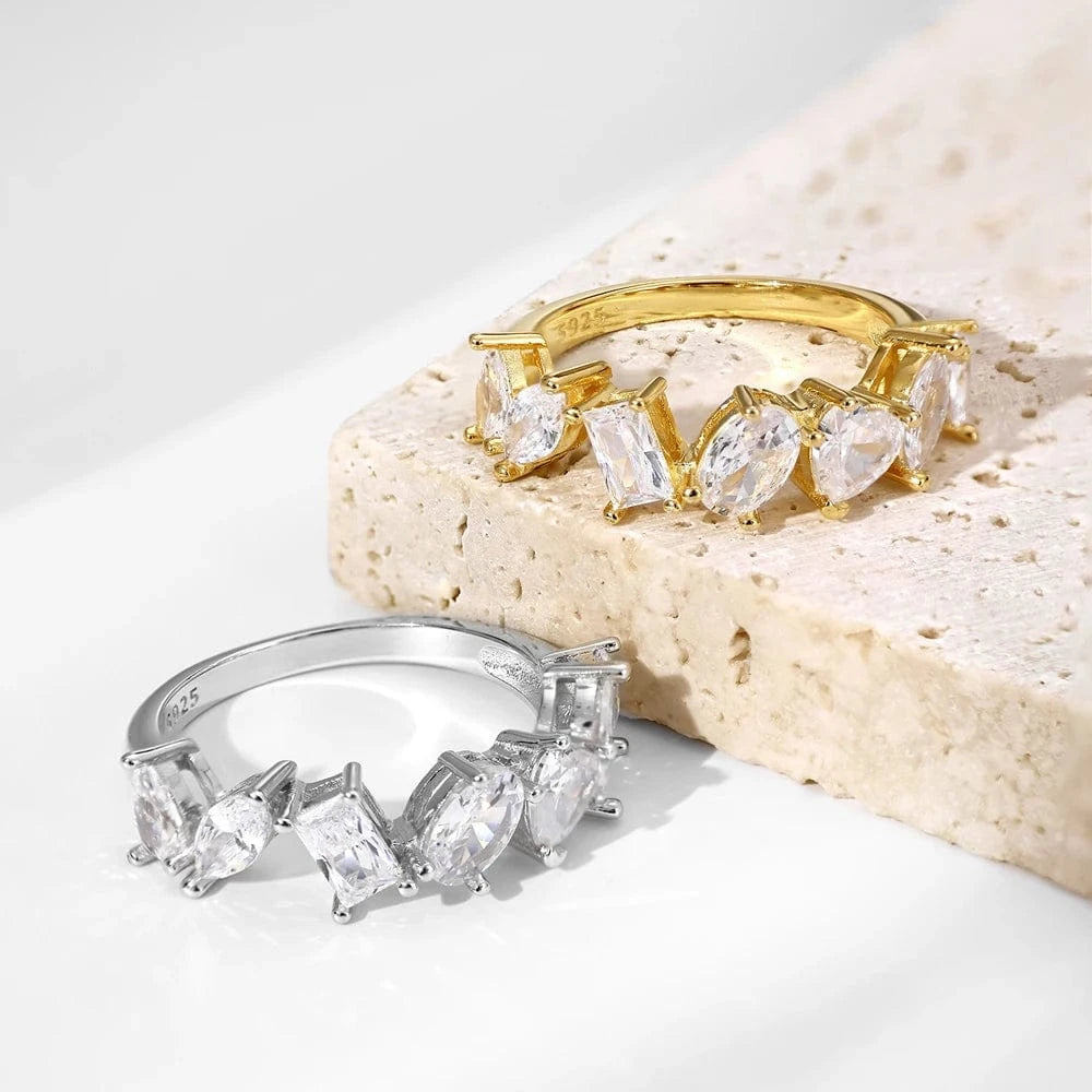 Dylam Stylish Dainty Women S925 Silver Rhodium 18K Gold Plated Multiple Mixed Cut Geometric 5A Cubic Zirconia Jewelry Rings