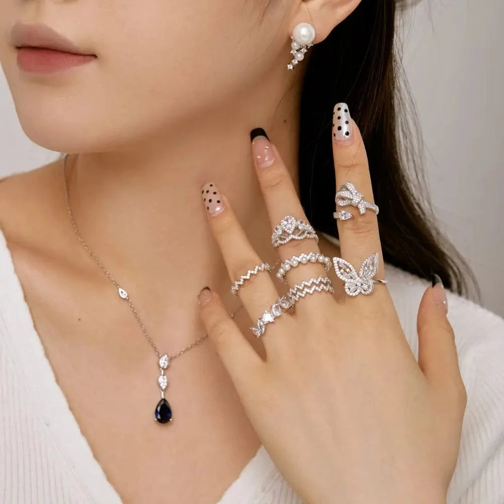 Dylam Stylish Dainty Women S925 Silver Rhodium 18K Gold Plated Multiple Mixed Cut Geometric 5A Cubic Zirconia Jewelry Rings