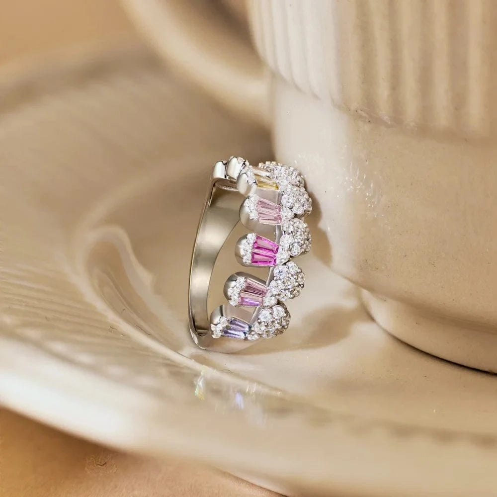 Dylam Stylish Designer 925 Sterling Silver Rhodium Plated Colorful 5A Zirconia Flower Baguette Wedding Dress Up Jewelry RIngs