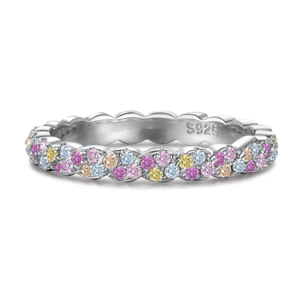 Dylam Stylish Exclusive Design S925 Silver Rhodium Plated Eternity Band Colorful 5A Zirconia Intersect Cross Pave Setting Rings