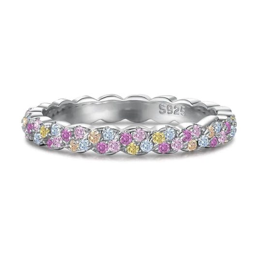 Dylam Stylish Exclusive Design S925 Silver Rhodium Plated Eternity Band Colorful 5A Zirconia Intersect Cross Pave Setting Rings