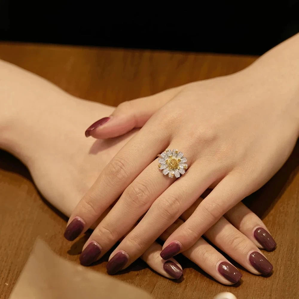 Dylam Stylish Women 925 Sterling Silver Electroplating Separation Color Chrysanthemum Daisy 8A Cubic Zirconia Dress Up Ring