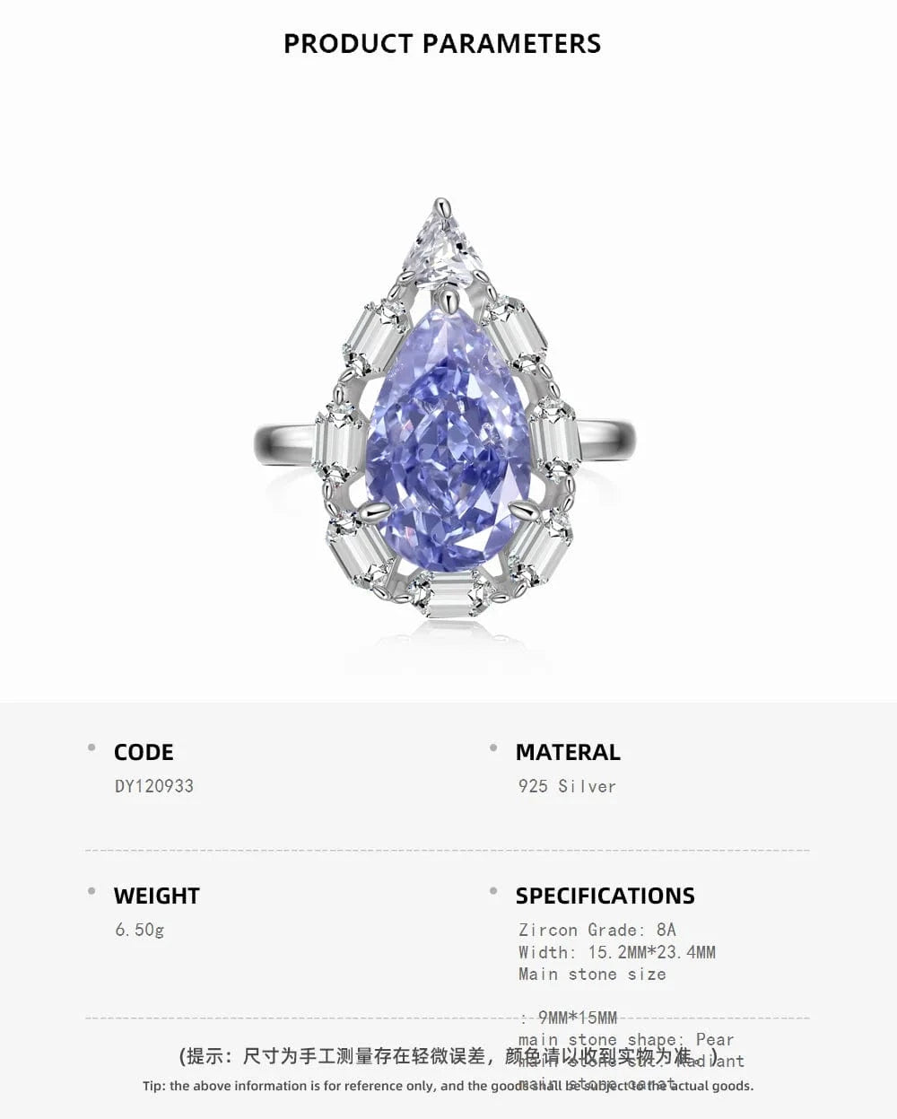 Dylam Tarnish Free 925 Sterling Silver Wedding Rings Women Pear Shape Diamond Plated Platinum Water Drop Blue Ring Jewelry