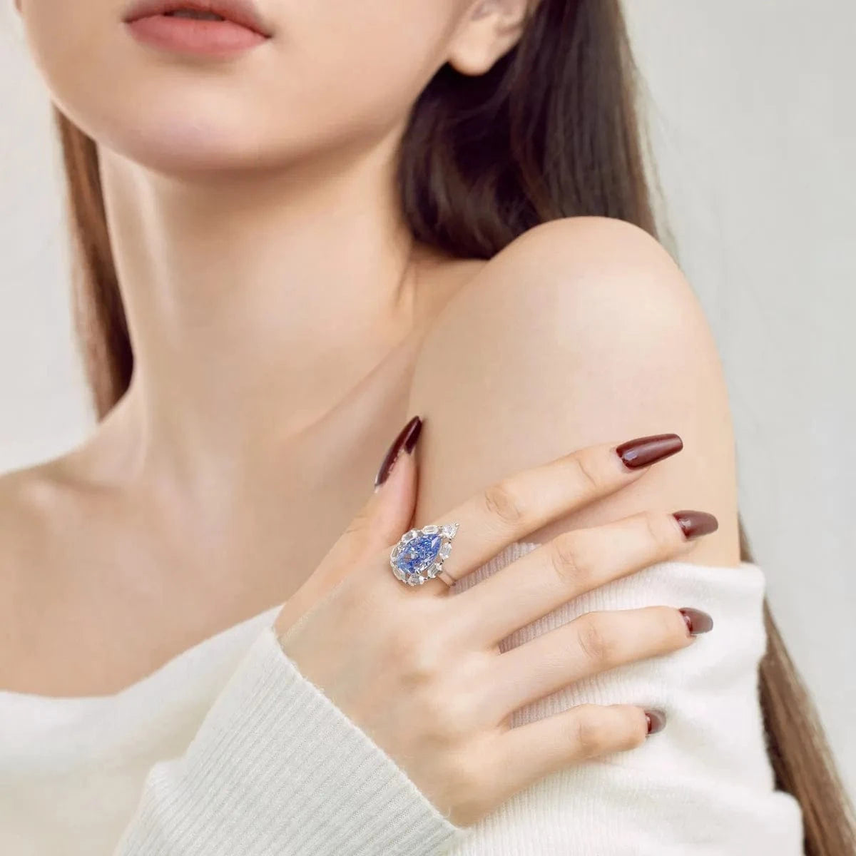 Dylam Tarnish Free 925 Sterling Silver Wedding Rings Women Pear Shape Diamond Plated Platinum Water Drop Blue Ring Jewelry