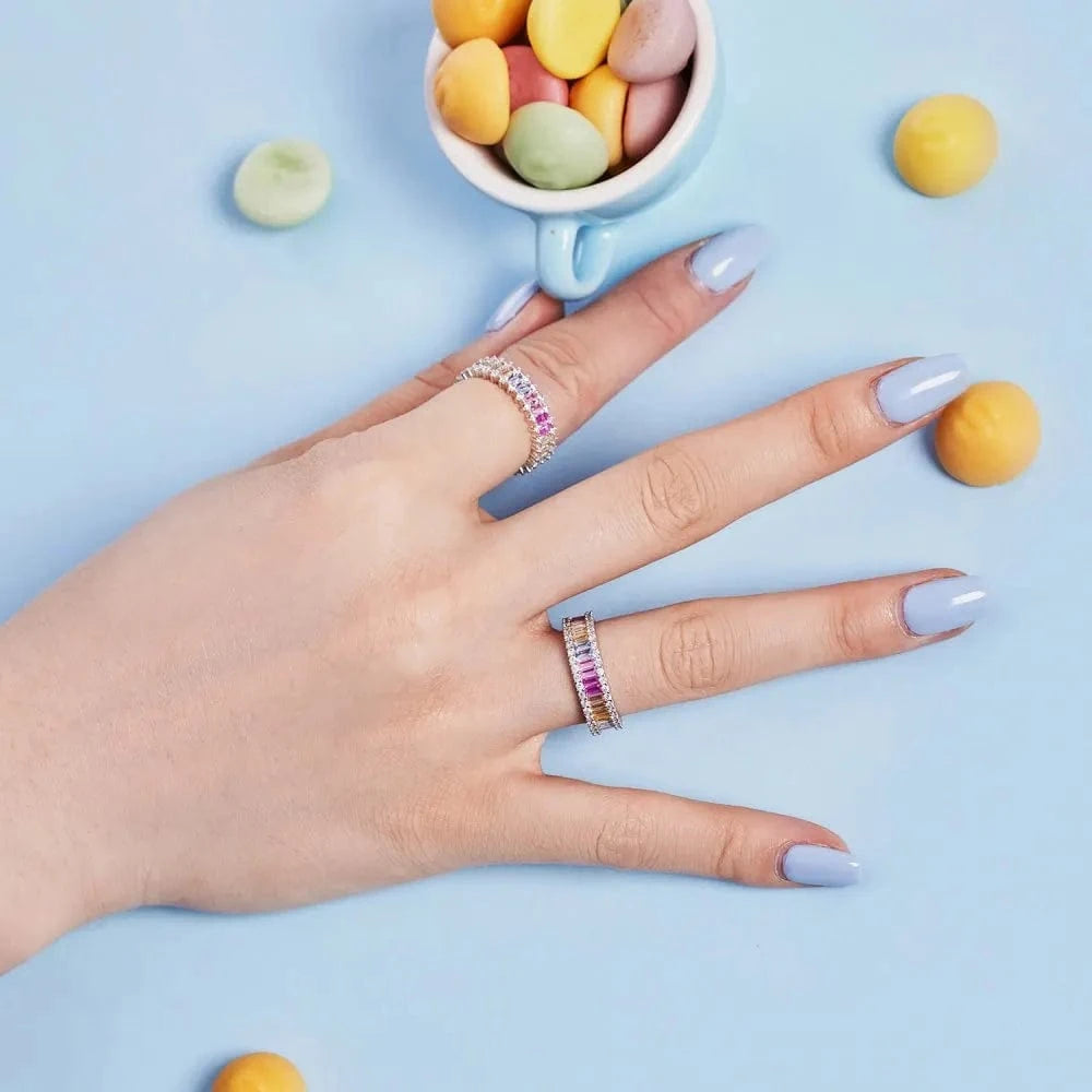 Dylam Trending Finest Jewelry S925 Silver Rhodium Plated 5A Cubic Zirconia Eternity Band Baguette Bridal Daily Party Rings