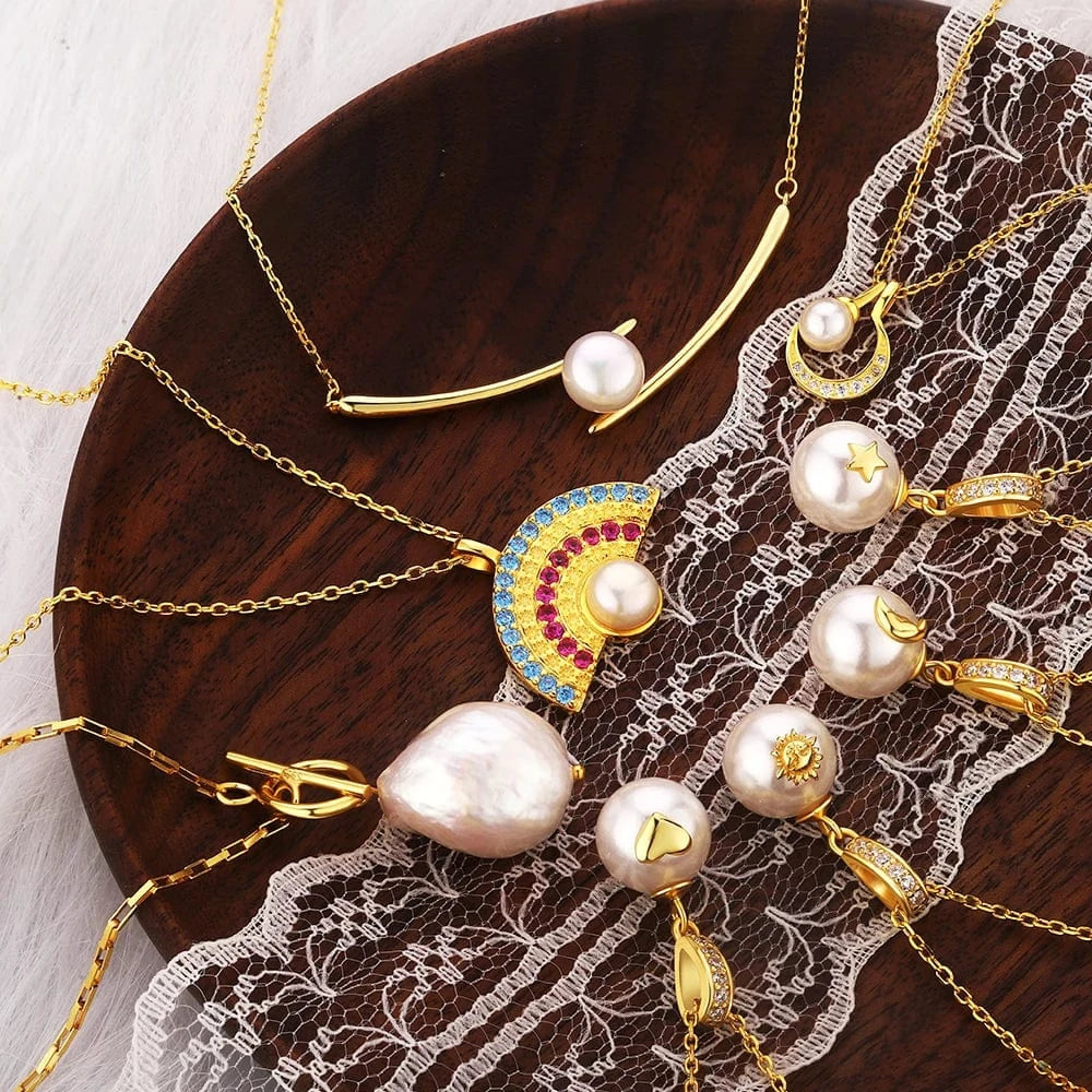 Dylam Trendy Charm Luxury Pendant Jewelry Fashion 18K Gold Plated Chain 925 Sterling Silver Pearl Necklaces