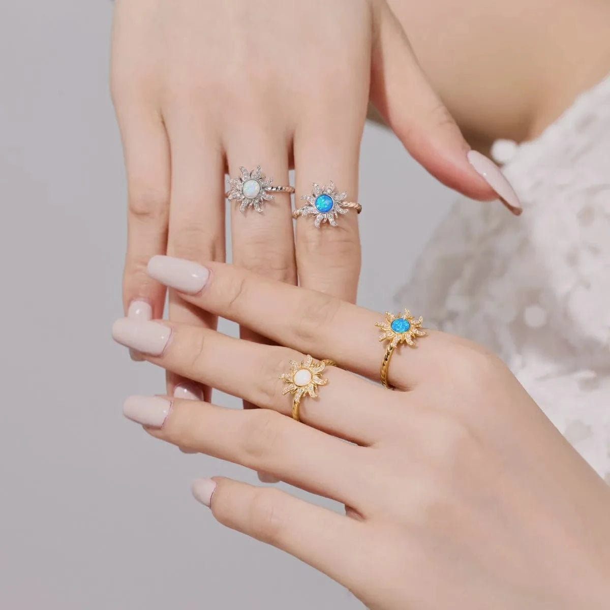 Dylam Wholesale Finger Jewelry 925 Sterling Silver Blue Opal Ring Cubic Zirconia Stone 18K Gold Plated Sun Shape Ring For Women