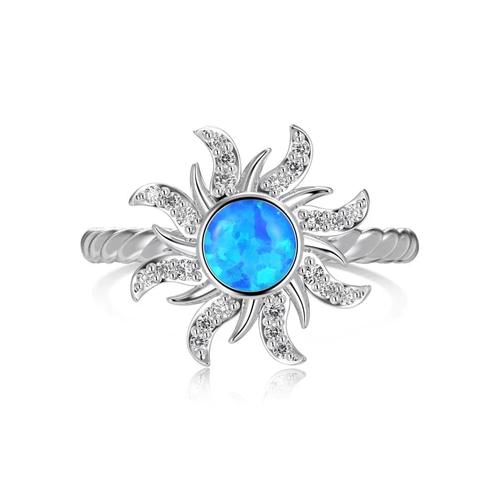 Dylam Wholesale Finger Jewelry 925 Sterling Silver Blue Opal Ring Cubic Zirconia Stone 18K Gold Plated Sun Shape Ring For Women