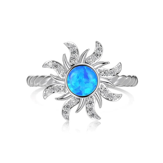 Dylam Wholesale Finger Jewelry 925 Sterling Silver Blue Opal Ring Cubic Zirconia Stone 18K Gold Plated Sun Shape Ring For Women