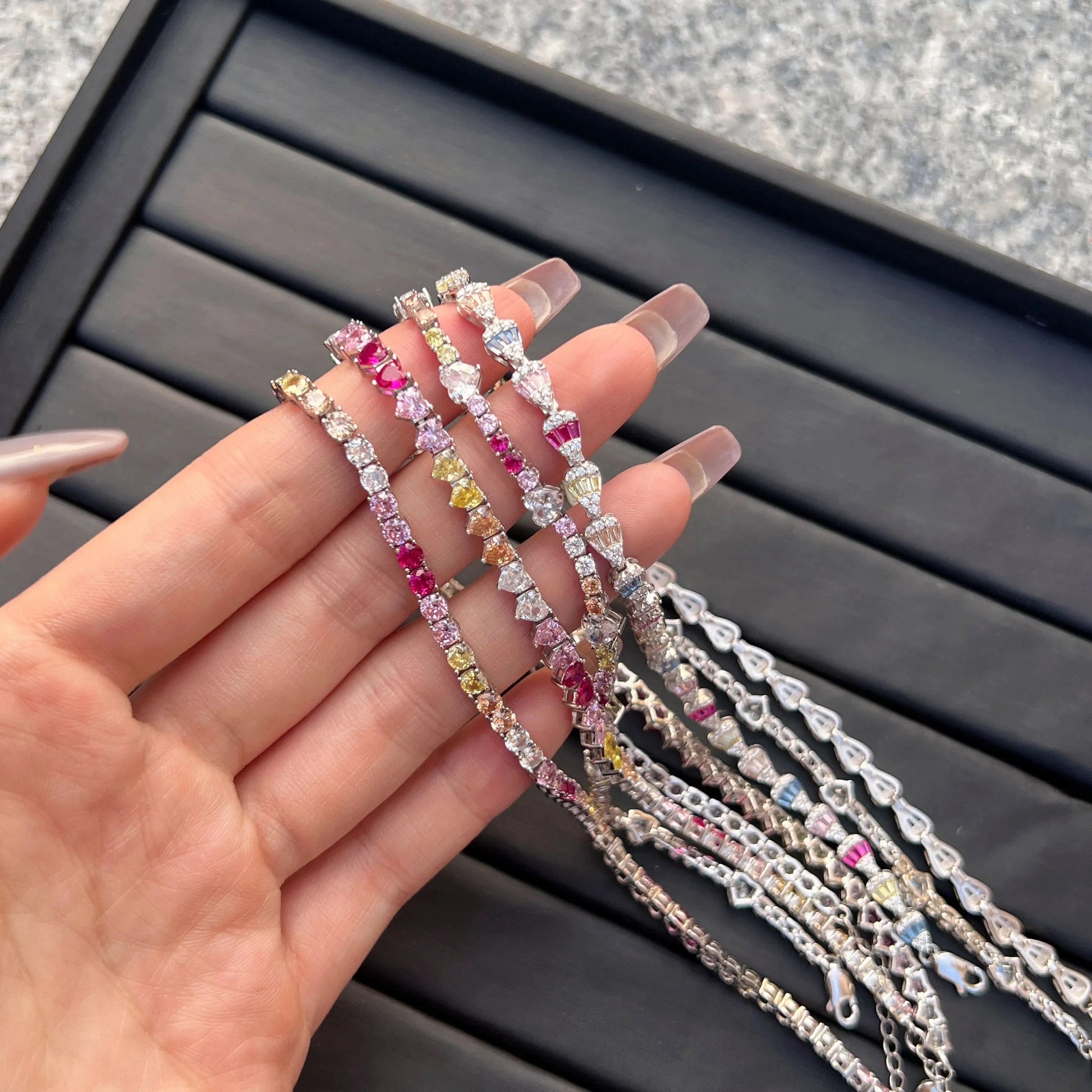 Dylam Wholesale Jewelry 18K Gold Plated S925 Sterling Silver Rainbow Bracelet Colorful Baguette Diamond Tennis Bracelets Women