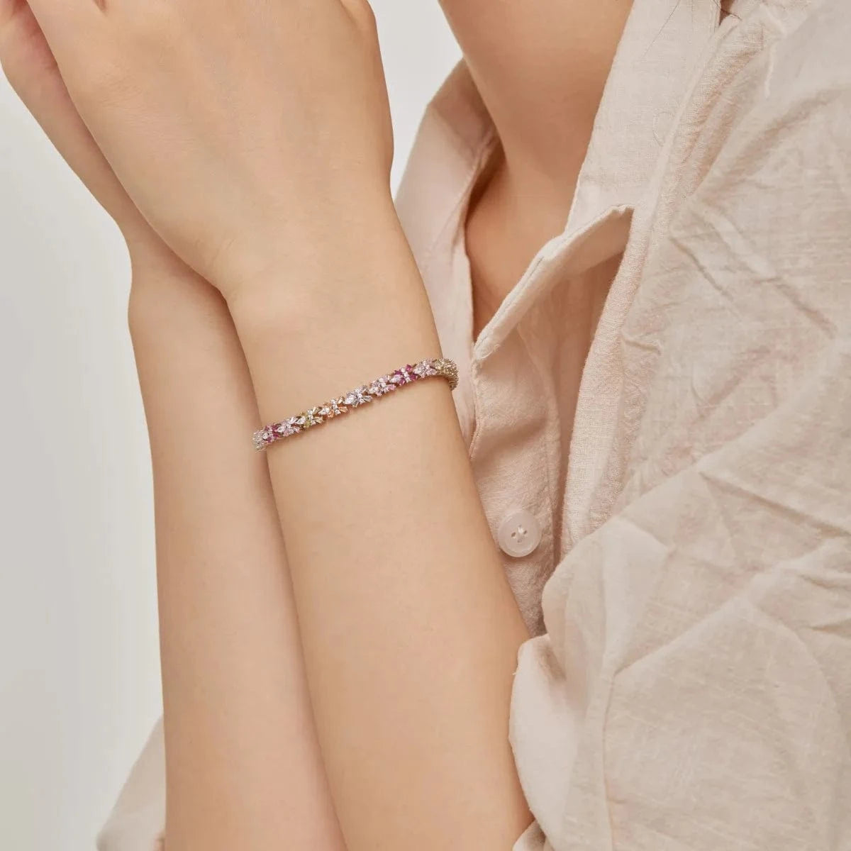 Dylam Wholesale Jewelry 18K Gold Plated S925 Sterling Silver Rainbow Bracelet Colorful Baguette Diamond Tennis Bracelets Women