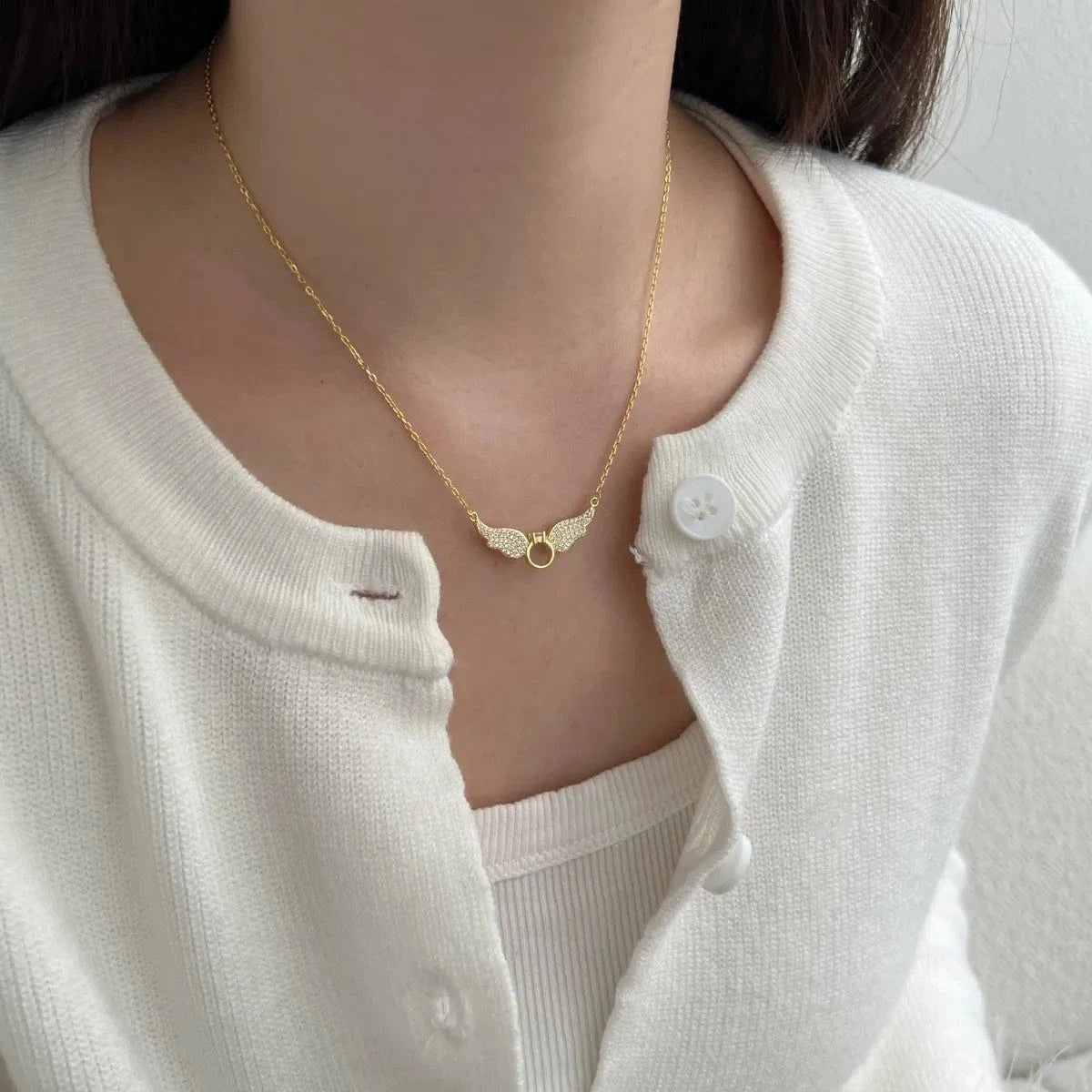 Dylam Wholesale New Arrival Jewelry Wing Shape Necklace Pendant 18K Gold Plated S925 Silver Necklaces With Cz Stone For Women