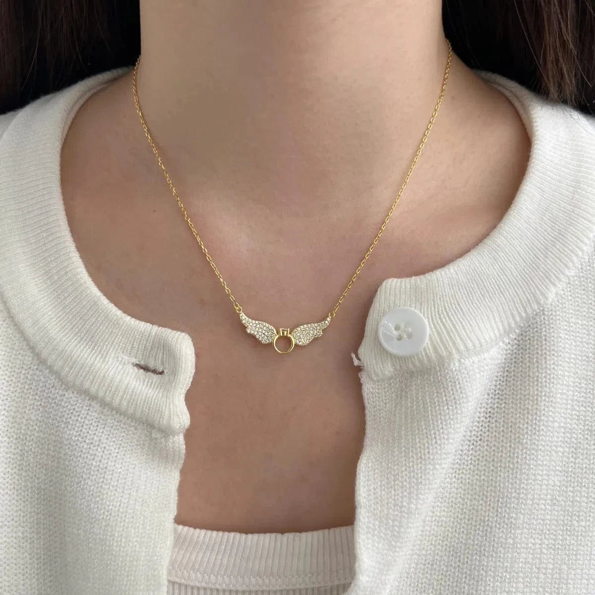 Dylam Wholesale New Arrival Jewelry Wing Shape Necklace Pendant 18K Gold Plated S925 Silver Necklaces With Cz Stone For Women