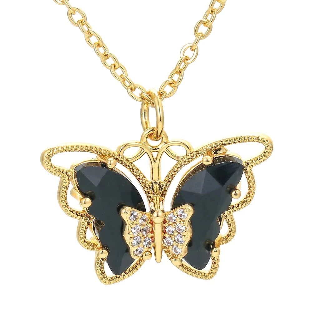 E Popular Multicolor Glass Charm Luxury Woman Statement Lady Collar Butterfly Pendant  Necklace For Party