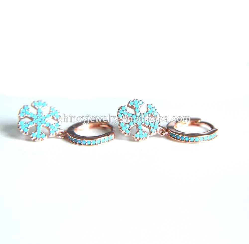 E091-Pink 2023 high quality pave nano turquoise snowflake dangle Huggie hoop earring Christmas gift fashion women jewelry