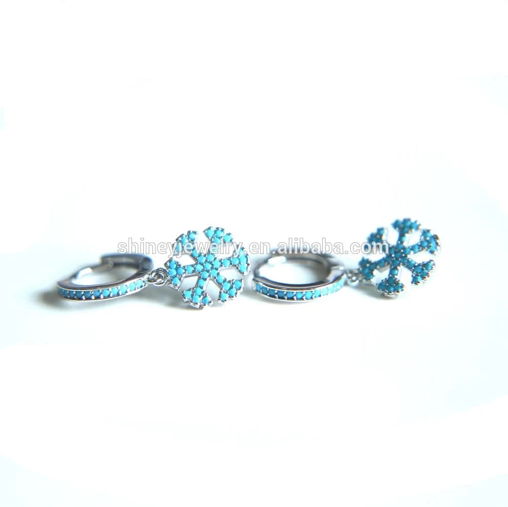 E091-Silver 2023 high quality pave nano turquoise snowflake dangle Huggie hoop earring Christmas gift fashion women jewelry