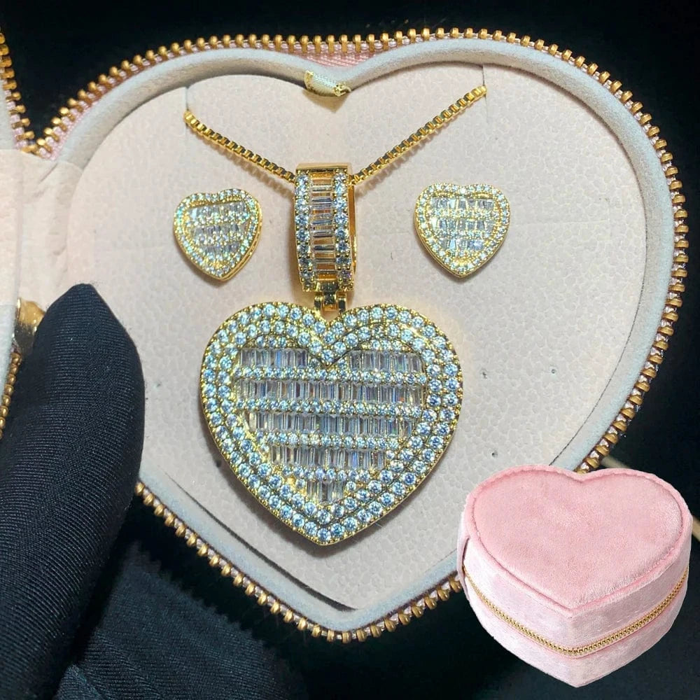 E1012+N728+N049-G+BOX1 2024 Valentine's Day Gift new fashion iced out bling rectangle cz heart shaped pendant women necklace wholesale in stock