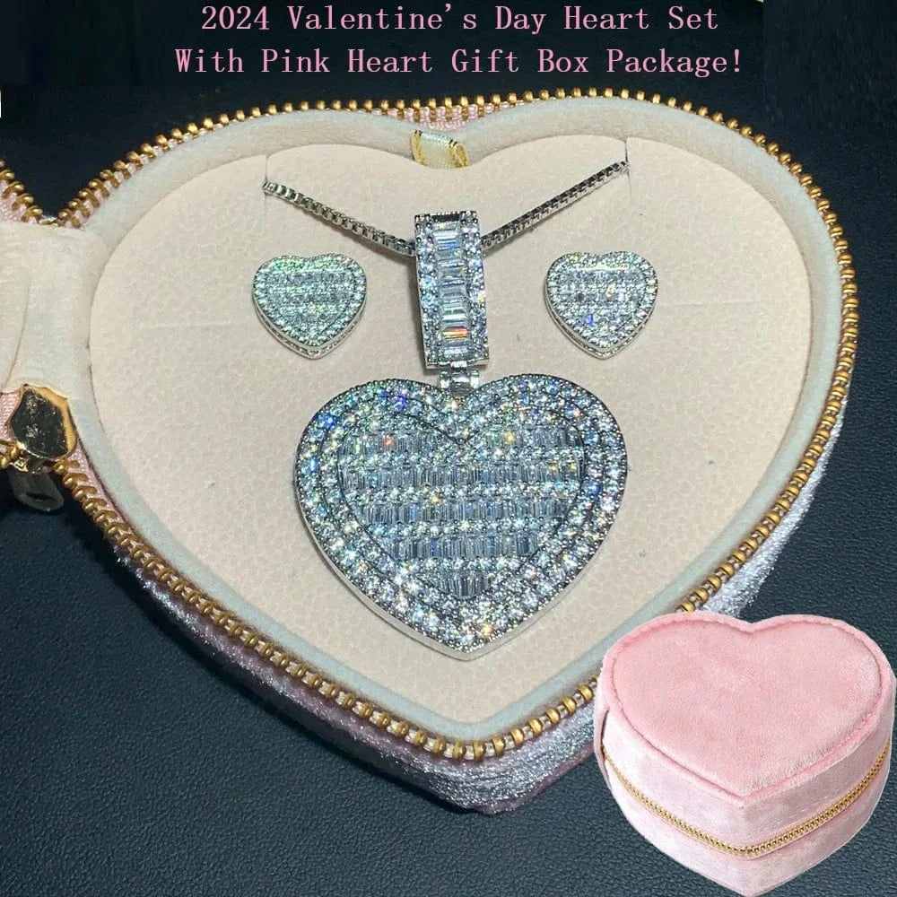 E1012+N728+N049-P+BOX1 2024 Valentine's Day Gift new fashion iced out bling rectangle cz heart shaped pendant women necklace wholesale in stock
