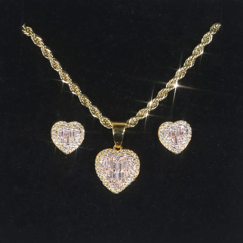 E115+N047+N743-G 45cm 2024 New Arrived Bling Iced Out Fashion Women Jewelry Set Micro Pave 5A Cubic Zirconia CZ Heart Earring Necklace