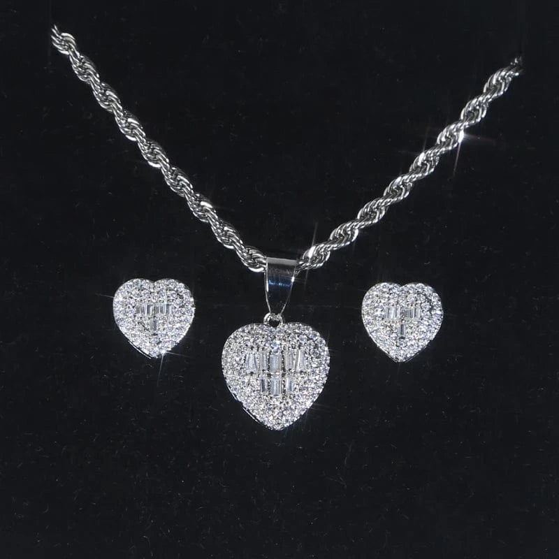 E115+N047+N743-P 45cm 2024 New Arrived Bling Iced Out Fashion Women Jewelry Set Micro Pave 5A Cubic Zirconia CZ Heart Earring Necklace