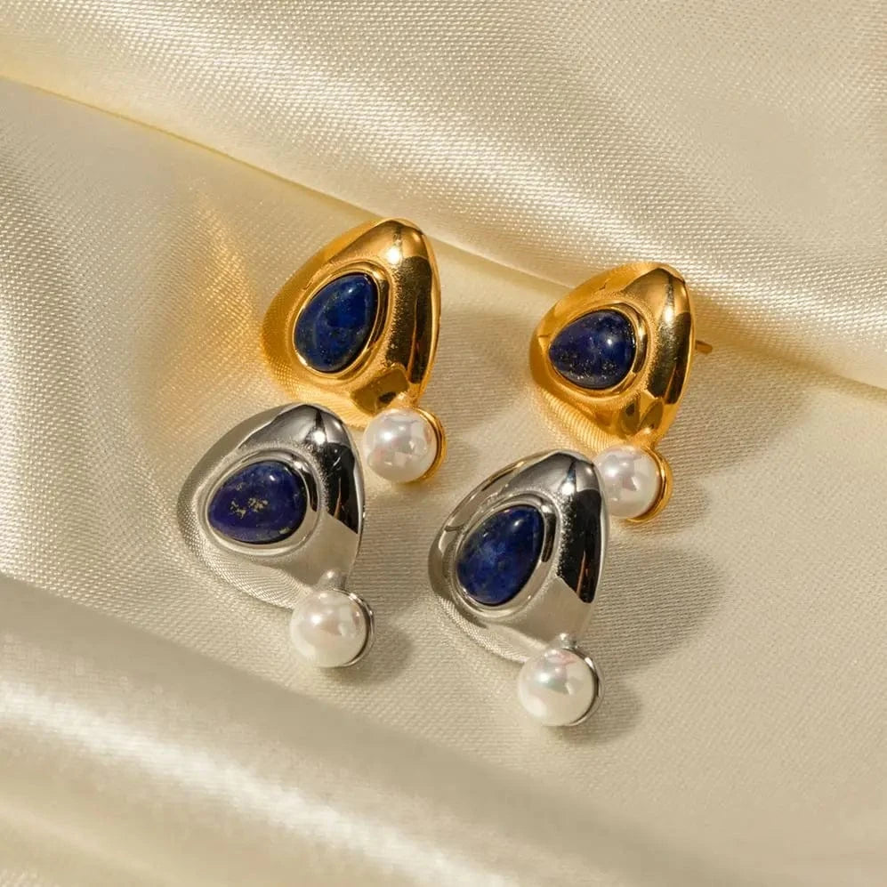 E1827 Waterproof Triangle Shape Drop Earring 18k Gold Stainless Steel Round Lapis Stone Pearl Drop Earrings