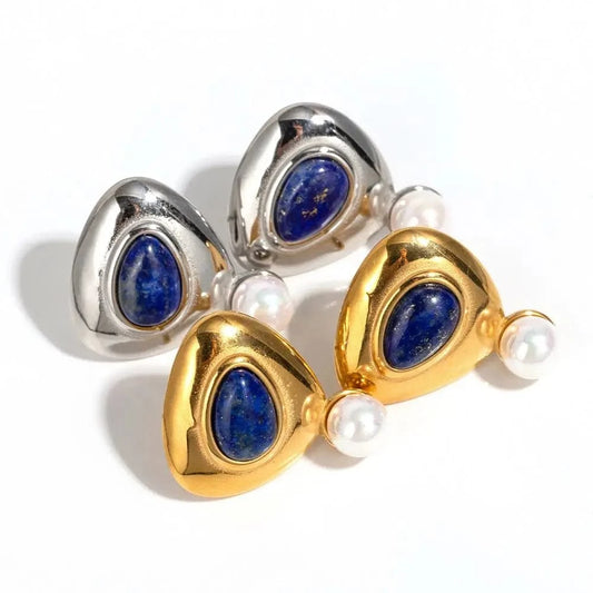E1830 Pearl Triangle Lazurite JD Designer 18k Gold Stainless Steel Waterproof Round Earrings for Women
