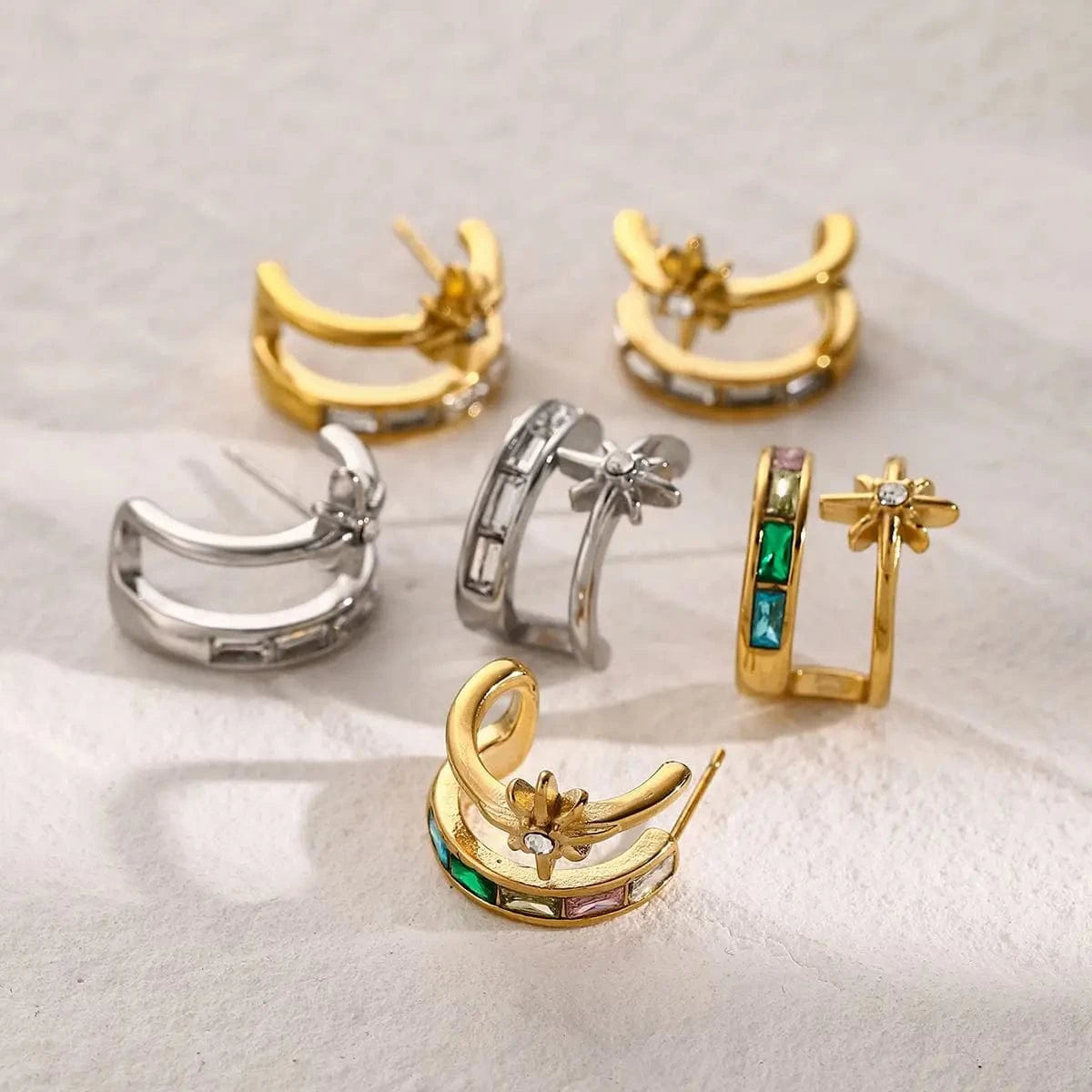 E1862 J & D Jewelry Fashion Earring Stud Post CZ Stainless Steel 18K Gold Green Stone Two layer C shape Star Stud