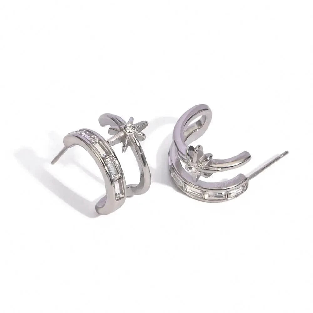 E1862 J & D Jewelry Fashion Earring Stud Post CZ Stainless Steel 18K Gold Green Stone Two layer C shape Star Stud