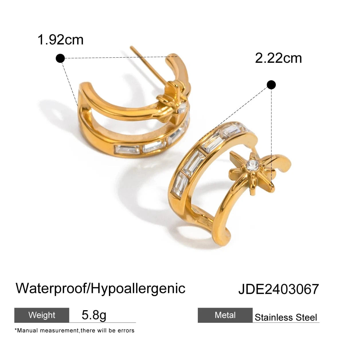 E1862 J & D Jewelry Fashion Earring Stud Post CZ Stainless Steel 18K Gold Green Stone Two layer C shape Star Stud