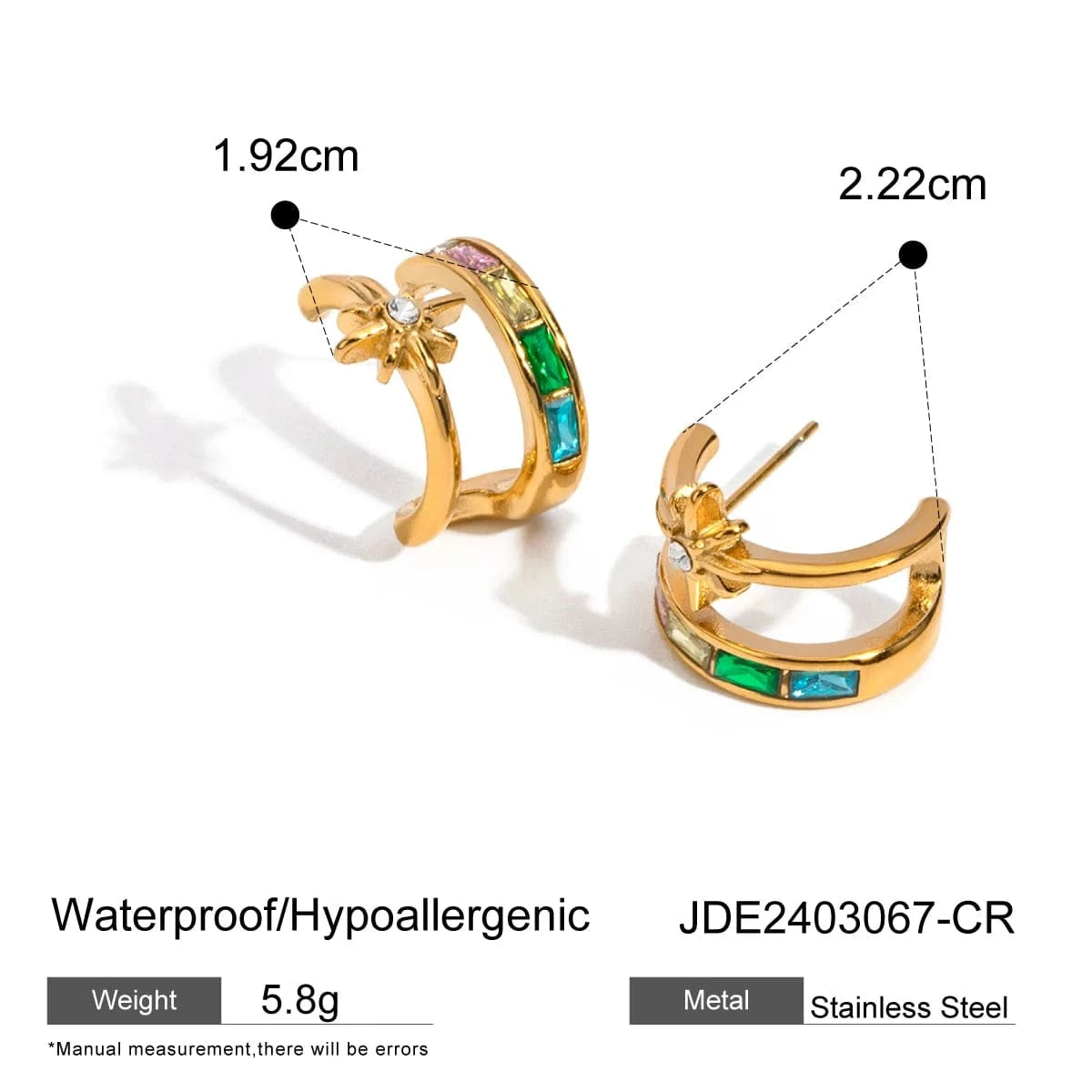 E1862 J & D Jewelry Fashion Earring Stud Post CZ Stainless Steel 18K Gold Green Stone Two layer C shape Star Stud