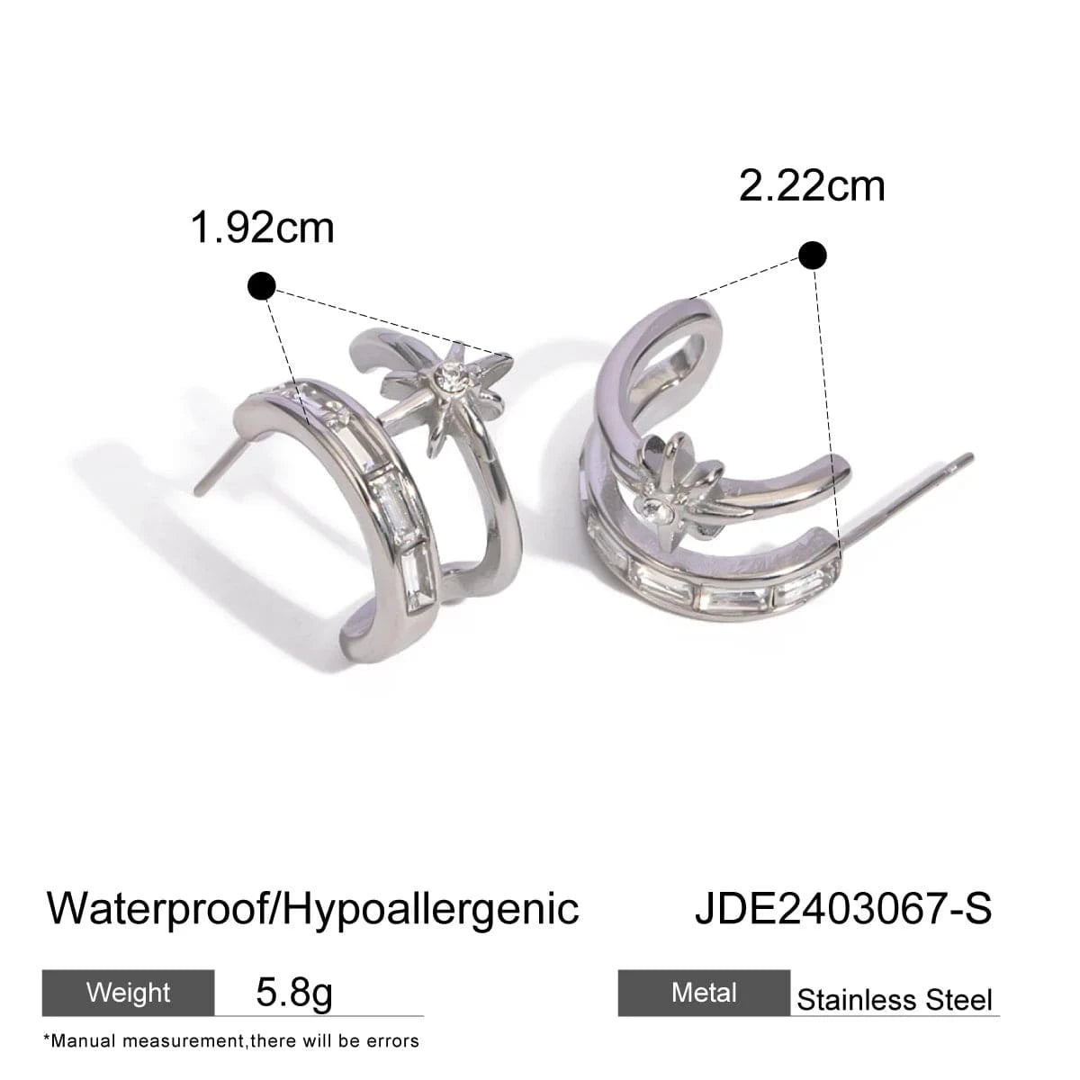 E1862 J & D Jewelry Fashion Earring Stud Post CZ Stainless Steel 18K Gold Green Stone Two layer C shape Star Stud