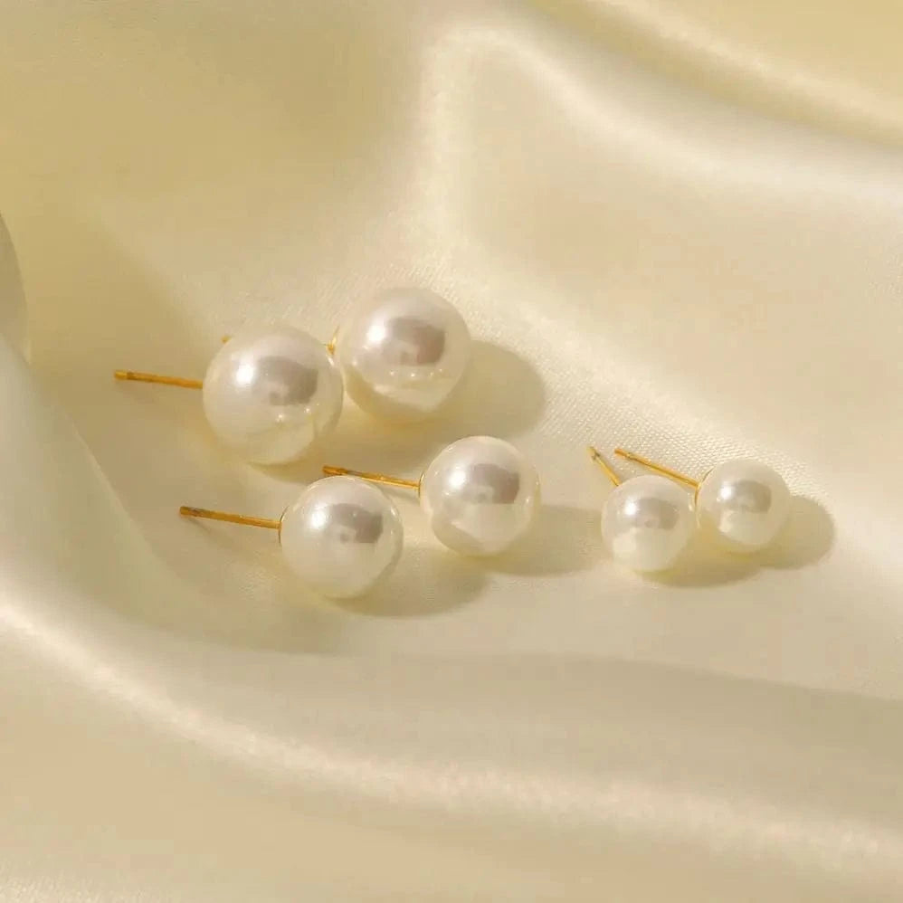 E1868 Chic Classic Shiny Pearl Pitite Multi Size 18K Real Gold Plated Round Brass Stud Earrings Jewelry