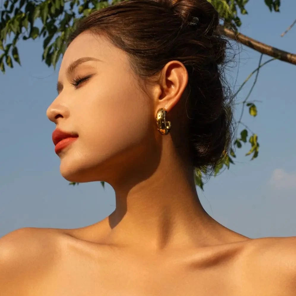 E1892 Unique Stainless Steel Gold Plated Earrings Women Luxury Big Hoop Hollow CC Earring Cuff