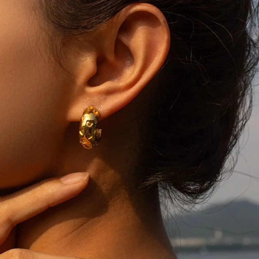 E1892 Unique Stainless Steel Gold Plated Earrings Women Luxury Big Hoop Hollow CC Earring Cuff